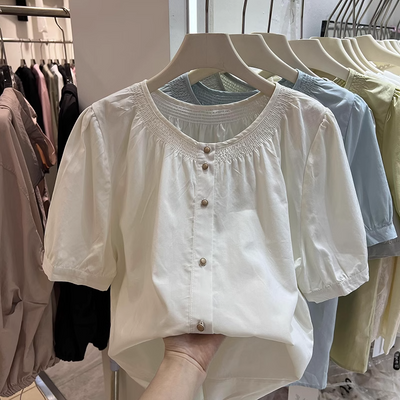 褶皱短袖衬衫女2024夏季新款欧货单排扣减龄宽松显瘦小衫气质
