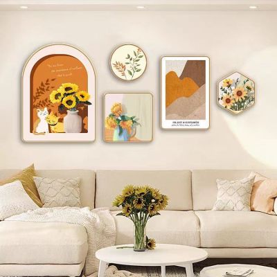 北欧客厅装饰画沙发背景墙挂画壁画现代简约组合画五联向日葵带表