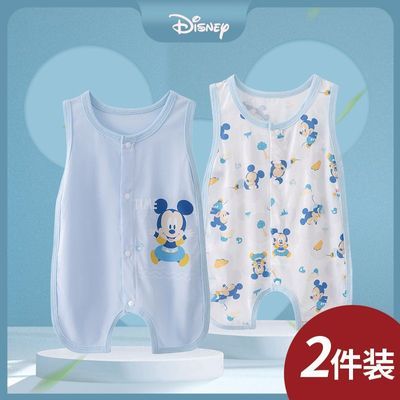 2件装 迪士尼婴儿夏装无袖侧开镂空琵琶衣夏季薄款宝宝连体衣超