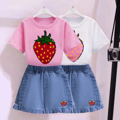 女童洋气牛仔套装2024夏季女孩草莓变色T恤中大童网红短裤两