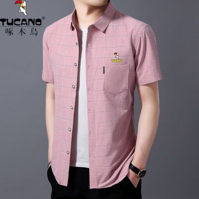 啄木鸟男装夏季短袖衬衫正品上衣中年韩版潮时髦翻领半袖时尚衬衣