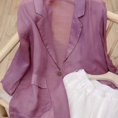 法式温柔风粉紫色苎麻衬衫夏季别致独特高级感超好看防晒遮肉上衣