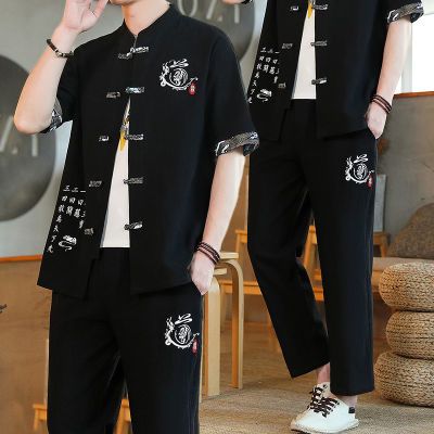 中国风男士套装夏季休闲大码开衫短袖T恤民族风中式立领复古唐装