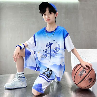 男童冰丝薄款夏季篮球运动套装短袖速干t恤衫潮流韩版中大童上衣