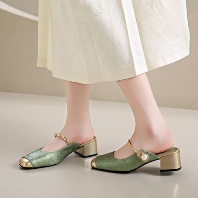 新中式国风粗跟包头拖鞋女气质舒适时尚百搭夏季平底方头低跟半托