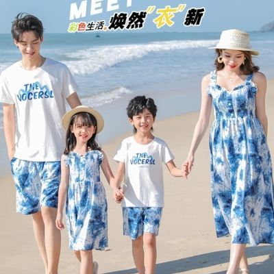 夏装母女连衣裙亲子装一家三口海边度假2024夏季新款小香风套