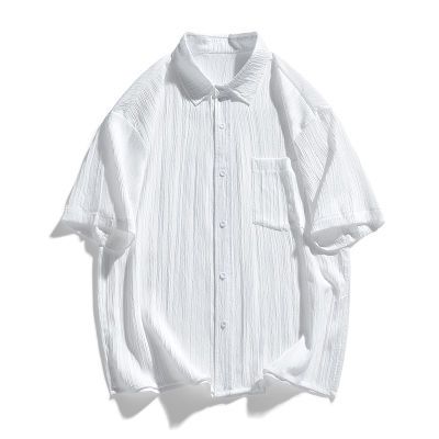 PEPH夏季潮牌冰丝衬衫男短袖纯色白衬衣多巴胺条纹舒适时尚宽
