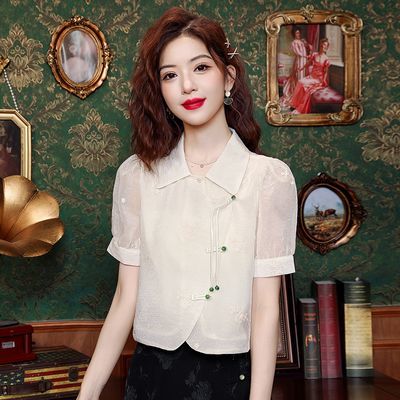 新中式女装国风盘扣短袖衬衫2024夏季新款小衫高级感短款雪纺