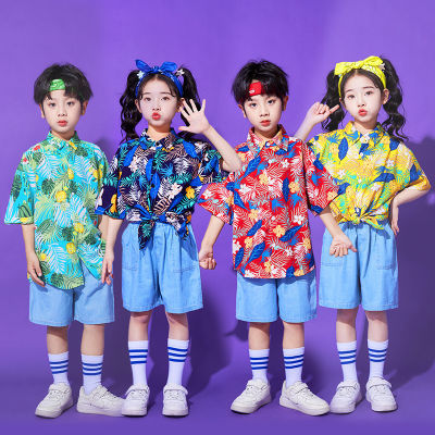 六一儿童演出服港风花衬衫套装幼儿园男女小学生运动会表演服