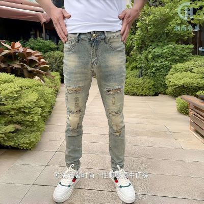 2024春夏潮流破洞裤牛仔裤子男春夏季社会潮男乞丐烂洞修身小脚裤