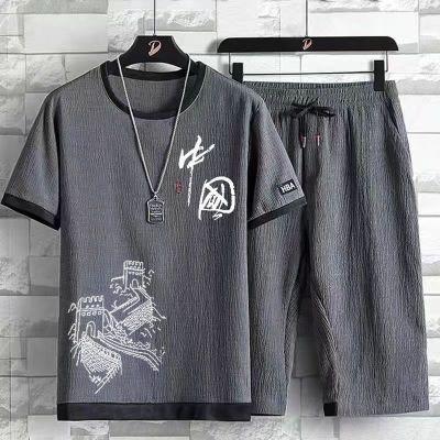 冰丝套装男休闲运动套装加肥加大码夏季潮流短袖七分裤时尚两件套