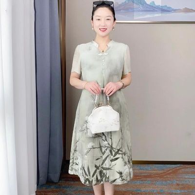 中老年妈妈夏装连衣裙2024新款中式洋气国风时尚气质雪纺裙子