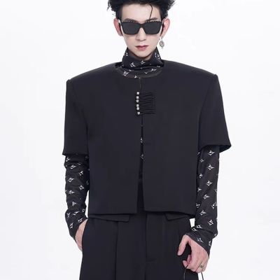 新中式短袖夹克外套男夏季小众设计高级感中山装垫肩衬衫男士暗黑