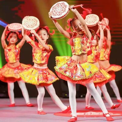 六一儿童演出服说唱中国红秧歌打鼓服幼儿园太平女儿民族舞蹈服装