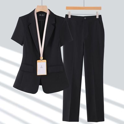 一粒扣薄款黑色西装套装女短袖职业装正装夏季修身气质西服工作服