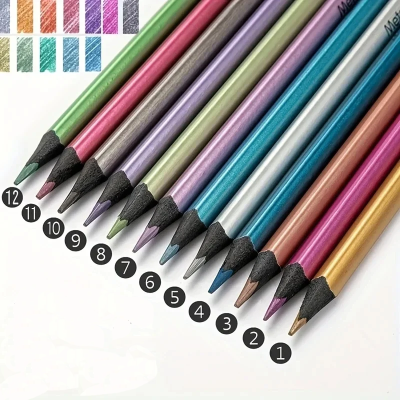12色金属色彩色铅笔韩版珠光色黑木彩铅儿童幼儿园必备绘画涂鸦