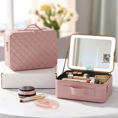 OBOX化妆包带镜子LED灯台式桌面大容量化妆品便携式手提包