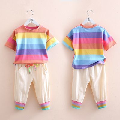 贝壳元素彩虹套装夏装新款女童童装儿童短T恤裤子两件套tz-4