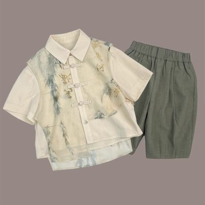 新中式男童国风汉服套装男孩夏季薄款短袖衬衫裤子两件套宝宝唐装