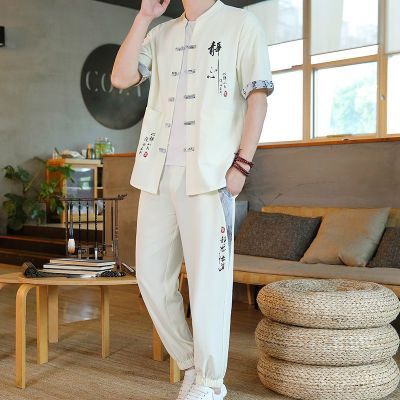 夏季唐装中国风套装男士印花短袖青年中式帅气潮男休闲外穿两件套