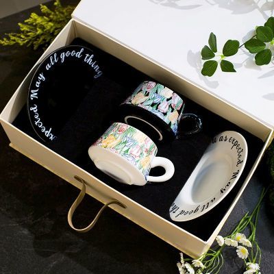 ins风花卉陶瓷咖啡杯套装高颜值法式伴手礼盒两件套装下午茶杯