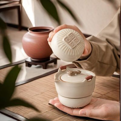 宏物米黄汝窑旅行茶具便携式户外快客杯一壶二杯陶瓷泡茶送礼套装