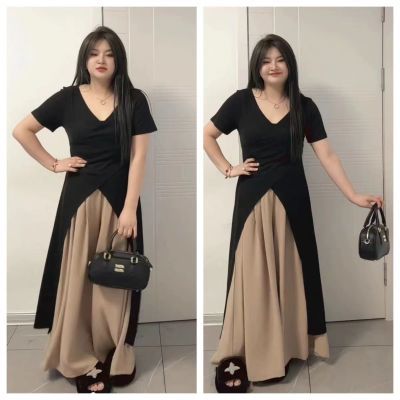 大码胖mm遮肚藏肉套装女夏季黑色上衣开叉赫本风休闲裤裙子两件