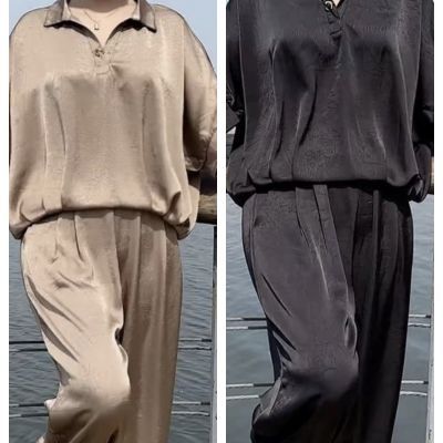 夏季新款醋酸丝缎短袖套装时尚大码宽松两件套遮肚显瘦妈妈套装