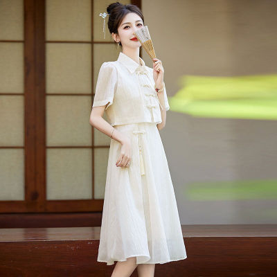 新中式国风连衣裙女2024夏季短袖吊带裙民国风两件套显瘦套装