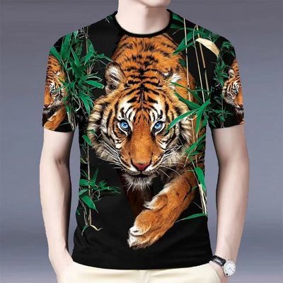 2024夏季新款男士数码印花T恤时尚潮流个性老虎图案圆领短袖