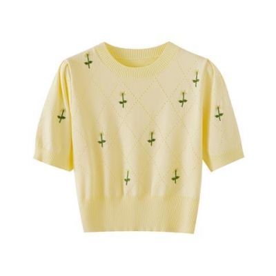 法式镂空绣花针织短袖女夏季修身冰丝T恤时尚收腰显瘦黄色短上衣