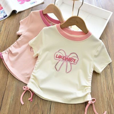 女童短款2024抽绳时尚洋气短袖T恤韩版新款宝宝夏季儿童上衣