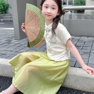 女童新中式夏季刺绣套装2024新款儿童古风盘扣上衣阔腿裤薄款两件