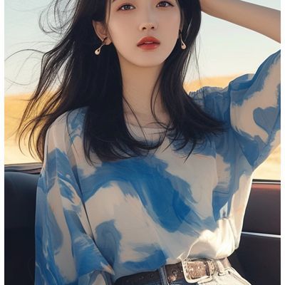 夏季韩系chic洋气减龄独特别致漂亮上衣设计感小众蓝色印花T