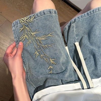 新中式国风竹子刺绣牛仔短裤男夏季薄款美式高街水洗休闲五分裤子