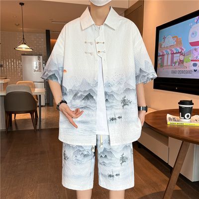 中国风新中式短袖衬衫套装男夏季新款复古印花短裤两件套叠穿衬衫