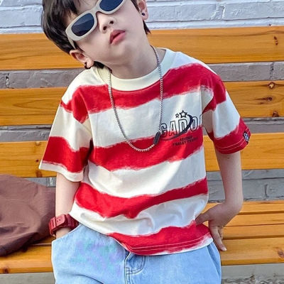 夏装中小男女儿童装韩版红色波浪条纹潮牌短袖宽松字母印花tT恤