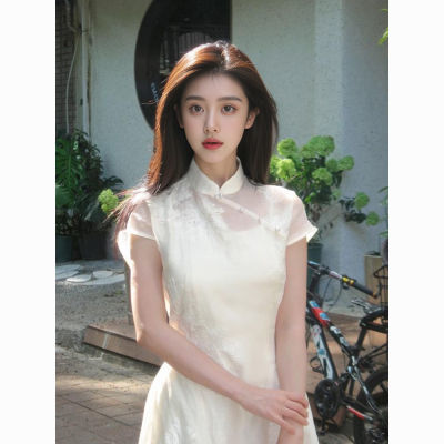 白色新中式国风旗袍连衣裙女夏季小众设计高级感盘扣收腰气质裙子