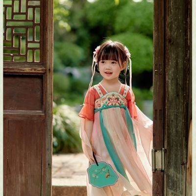 汉服女童夏季新款2024古风古装超仙小女孩中国唐装儿童连衣裙