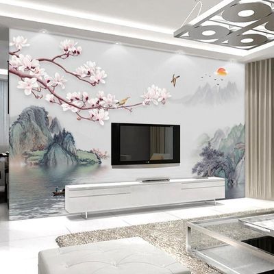 电视背景墙2025新中式简约家和山水画客厅8d立体沙发影视墙布壁画
