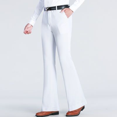 夏季薄款白色喇叭裤男青年修身垂顺冰丝男裤时尚休闲弹力大脚西裤