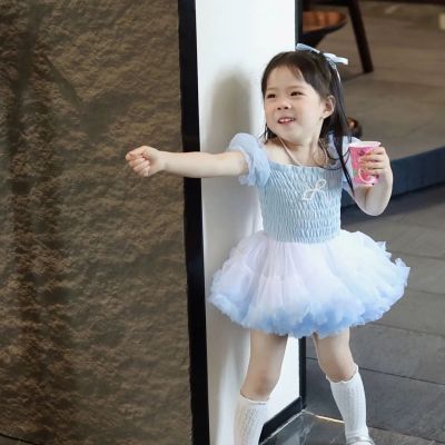 女童夏季新款连衣裙蓝色短袖宝宝tutu网纱公主洋气小童裙子