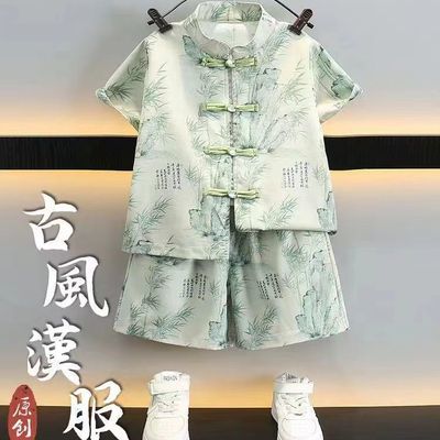 夏季薄款重视汉服男童短袖套装夏季儿童唐装中大童复古中式两件套