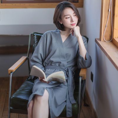 睡袍女春夏季华夫格薄款情侣浴袍女士睡衣睡裙中长款大码家居服