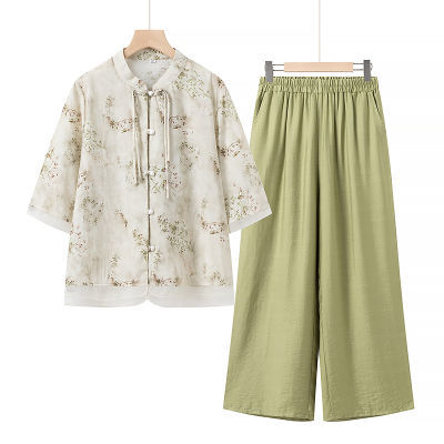 夏季棉麻时尚新中式中年妈妈装印花洋气国风短袖阔腿裤两件套装
