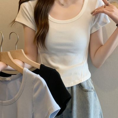不规则u领短袖t恤女2023夏季新款韩版修身高腰短款学生纯色
