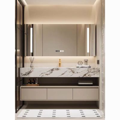 新款酒店轻奢岩板无缝一体现代智能镜柜浴室柜组合简约洗脸卫生间