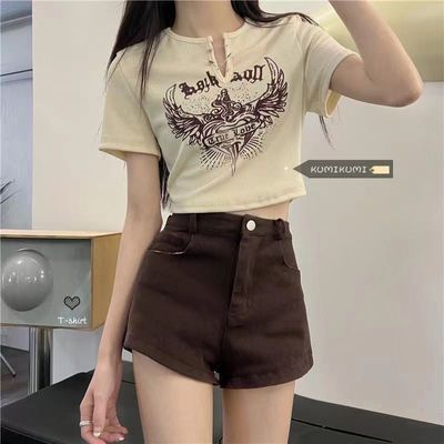 甜辣少女感复古印花短袖t恤女新款设计感小v领显瘦高腰露脐上衣潮