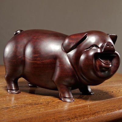 黑檀实木质雕刻一对猪摆件三合十二生肖动物猪家居装饰红木工艺品