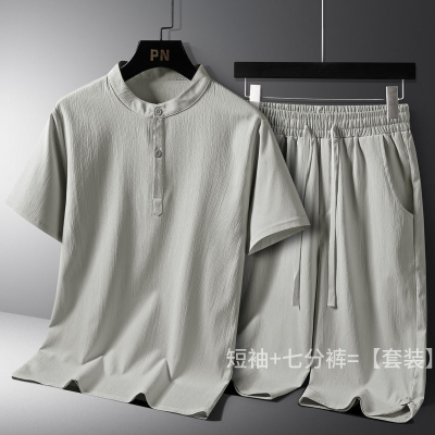 中式男士夏季套装薄棉麻短袖衬衫七分裤帅气爸爸装两件套宽松舒适